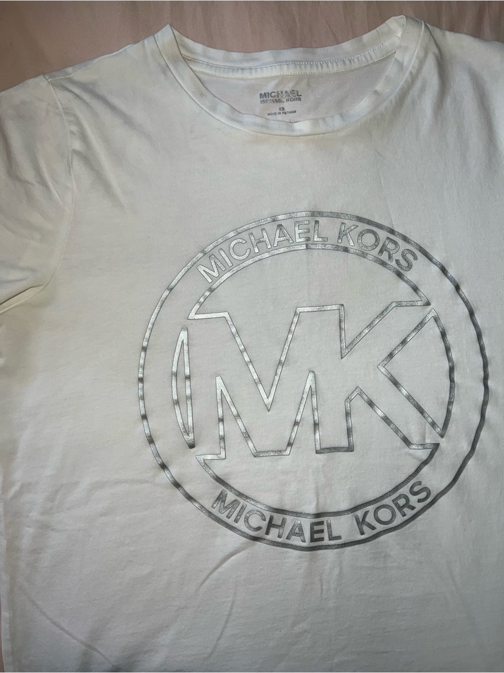 Michael Kors White Tee with Silver Logo Print - Fits Like a Small/Medium